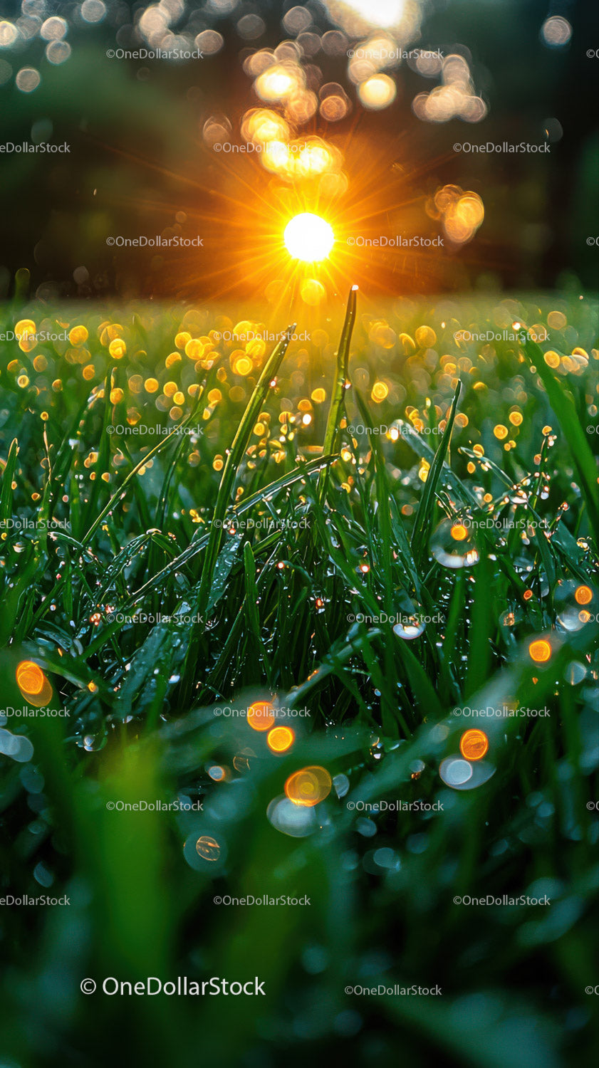 Sunset Over Dewy Green Grass with Bokeh Lights in Nature
