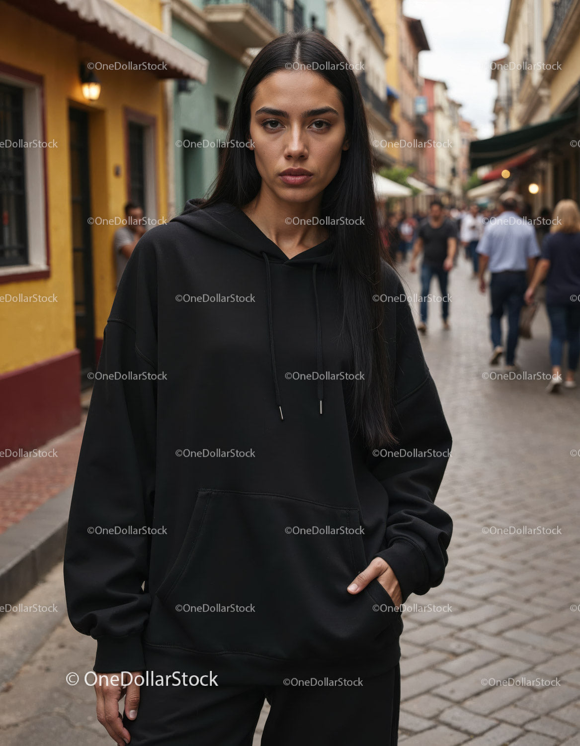 Fashionable Woman Wearing Black Hoodie in Urban City Street