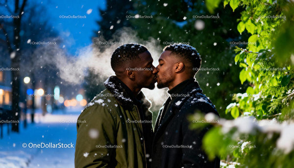 Loving Black Gay Couple Sharing a Kiss in Winter Snow