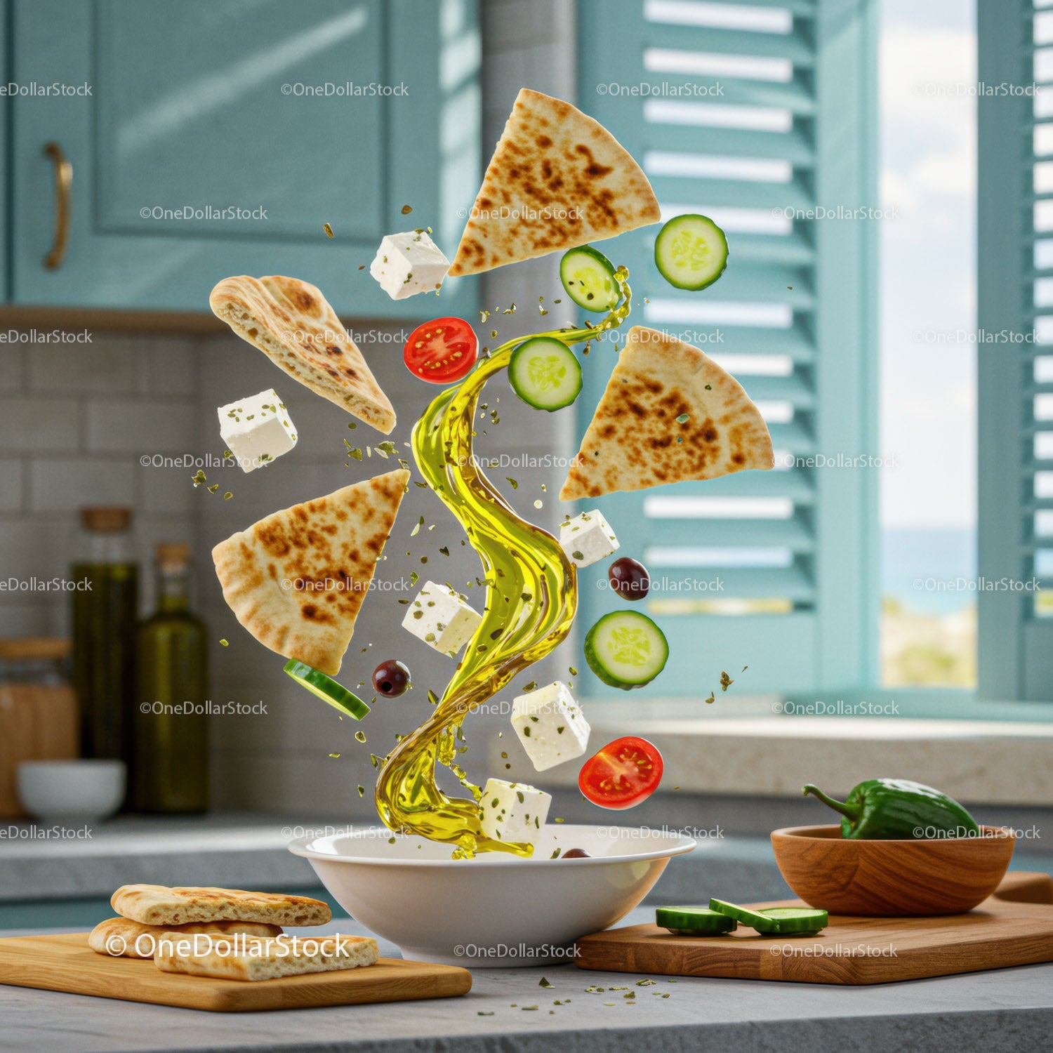 Mediterranean Ingredients Floating Above Bowl in Kitchen