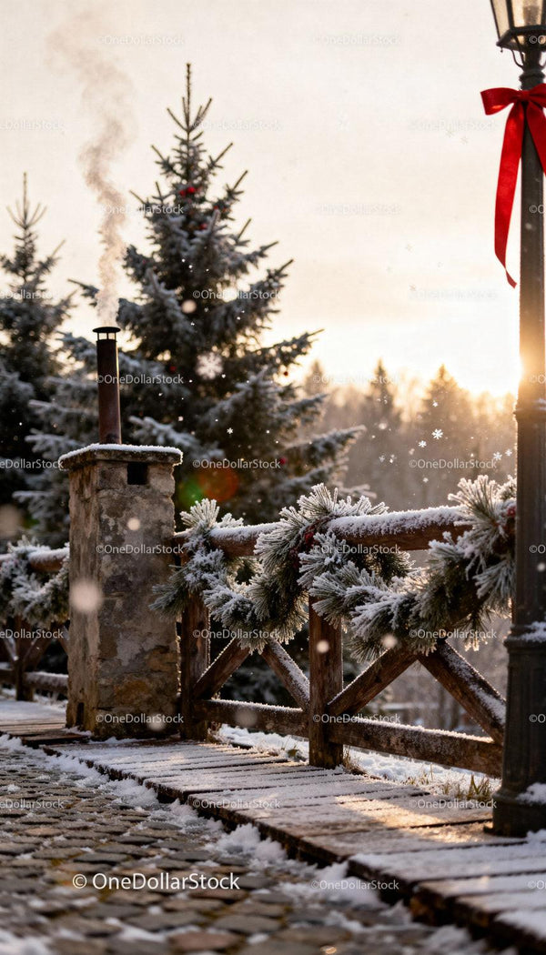 Winter wooden fence decorated with frosted pine garland