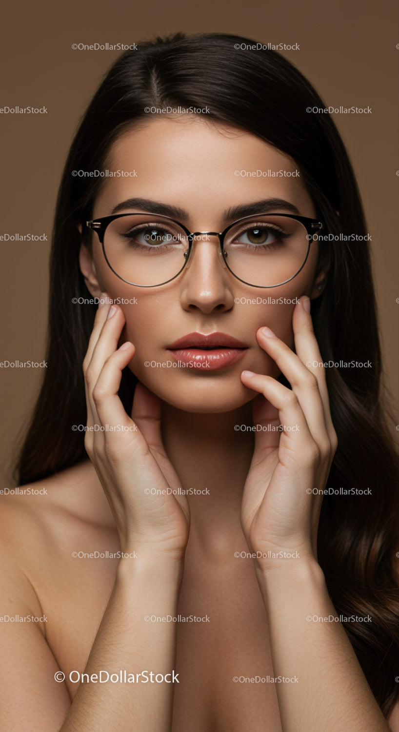 Elegant Young Woman Wearing Stylish Glasses in Professional Studio