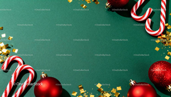 Festive Christmas decorations on green background