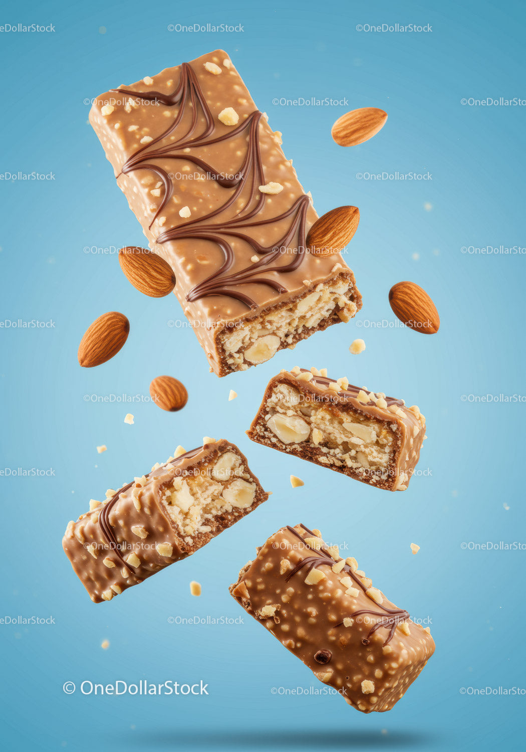 Batony proteinowe z czekoladą i migdałami unoszące się na niebieskim tle