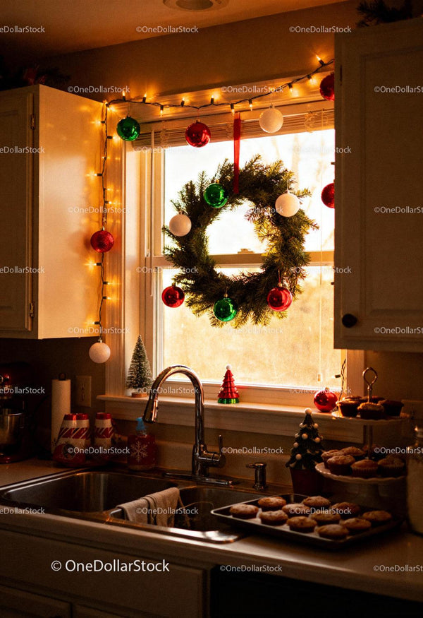 Cozy Kitchen with Christmas Wreath and Fresh Baked Muffins