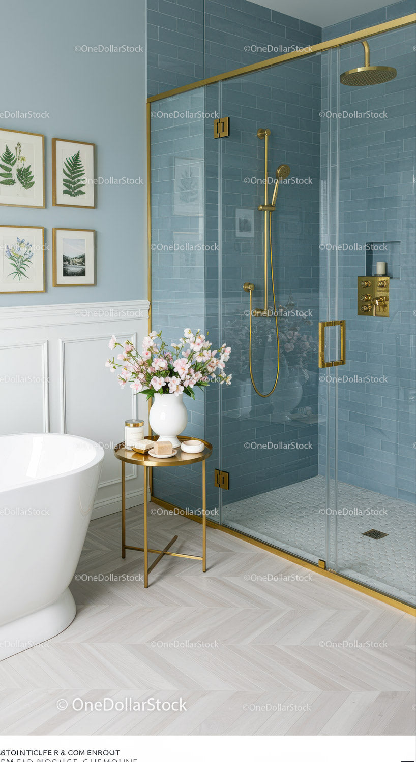 Modern bathroom with blue tiles and gold shower fixtures