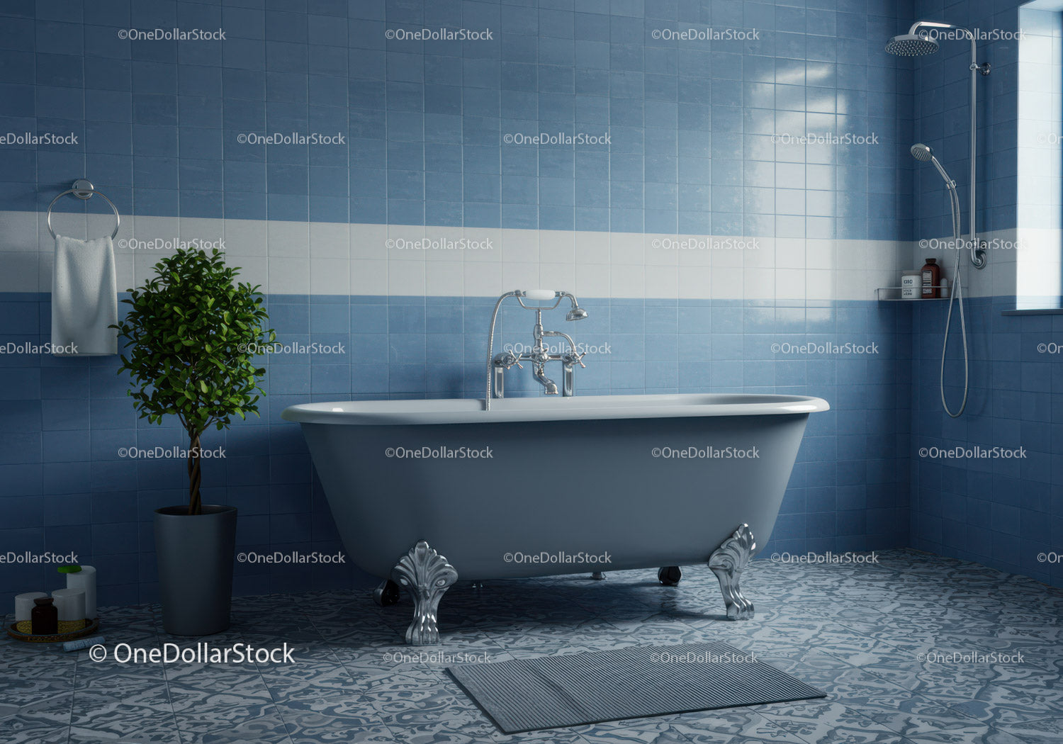 Elegant clawfoot bathtub in stylish blue bathroom interior