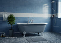 Elegant clawfoot bathtub in stylish blue bathroom interior