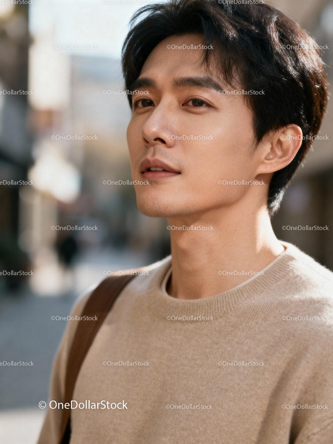 Young man enjoying a sunny urban stroll outdoors