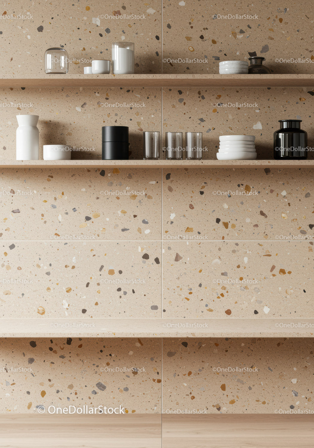 Modern Kitchen Shelves with Ceramic and Glass Storage Containers and Terrazzo Wall