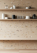 Modern Kitchen Shelves with Ceramic and Glass Storage Containers and Terrazzo Wall