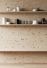 Modern Kitchen Shelves with Ceramic and Glass Storage Containers and Terrazzo Wall