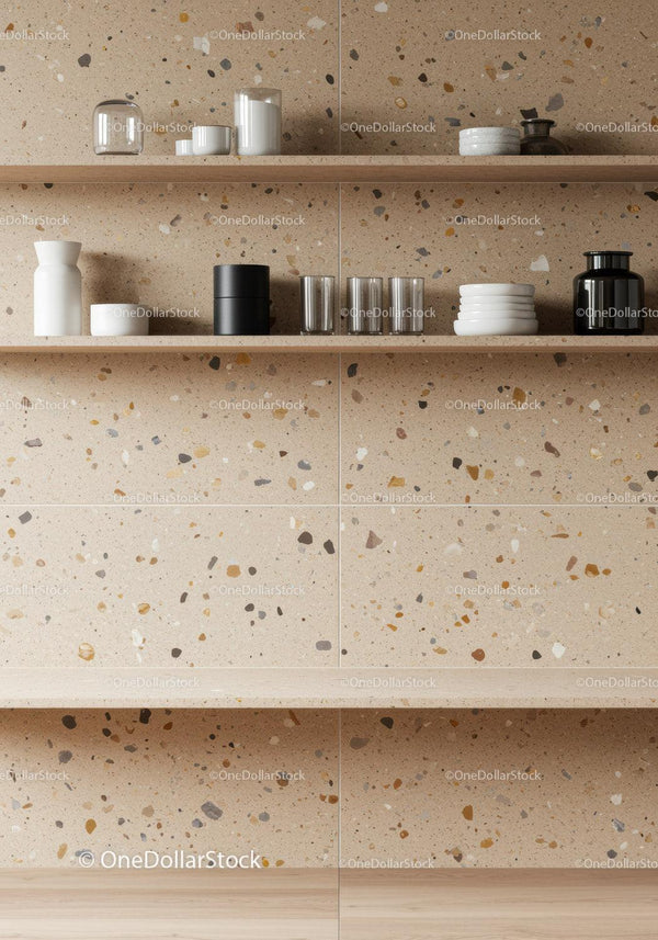 Modern Kitchen Shelves with Ceramic and Glass Storage Containers and Terrazzo Wall