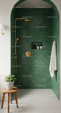 Modern Green Tiled Shower with Brass Fixtures and Plant
