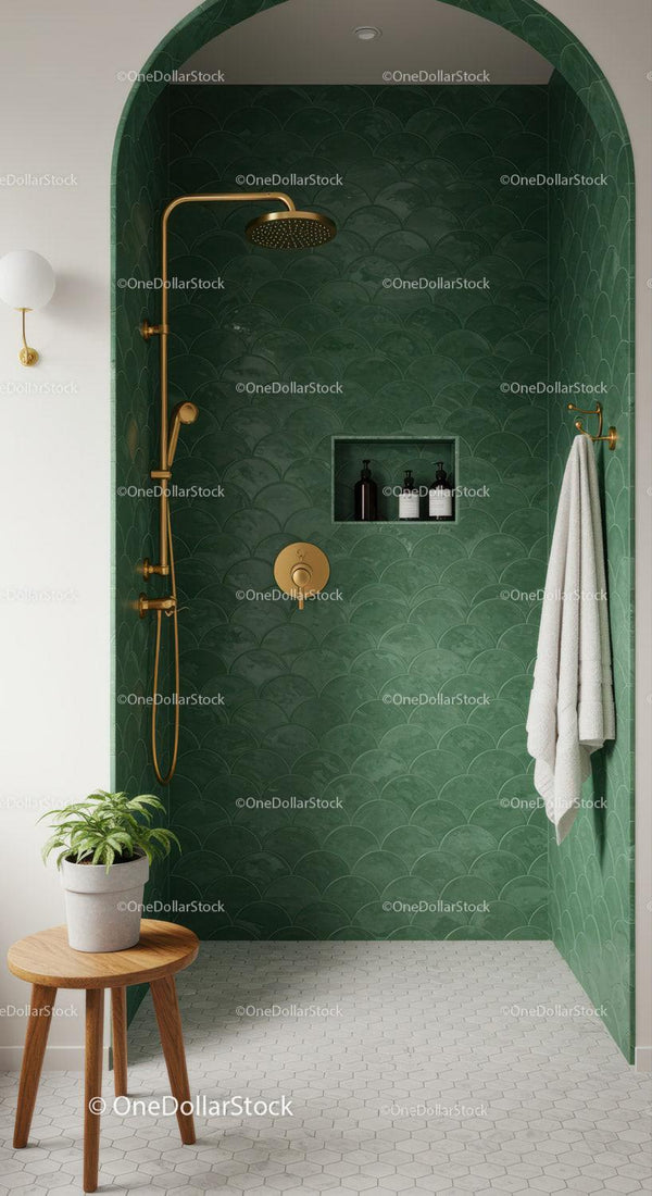 Modern Green Tiled Shower with Brass Fixtures and Plant