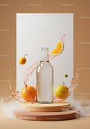 Clear bottle with citrus fruits and splash on pedestal