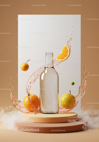 Clear bottle with citrus fruits and splash on pedestal
