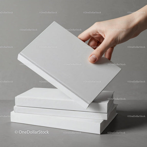 Hand Picking a White Hardcover Book from Stack JPG Mockup Image