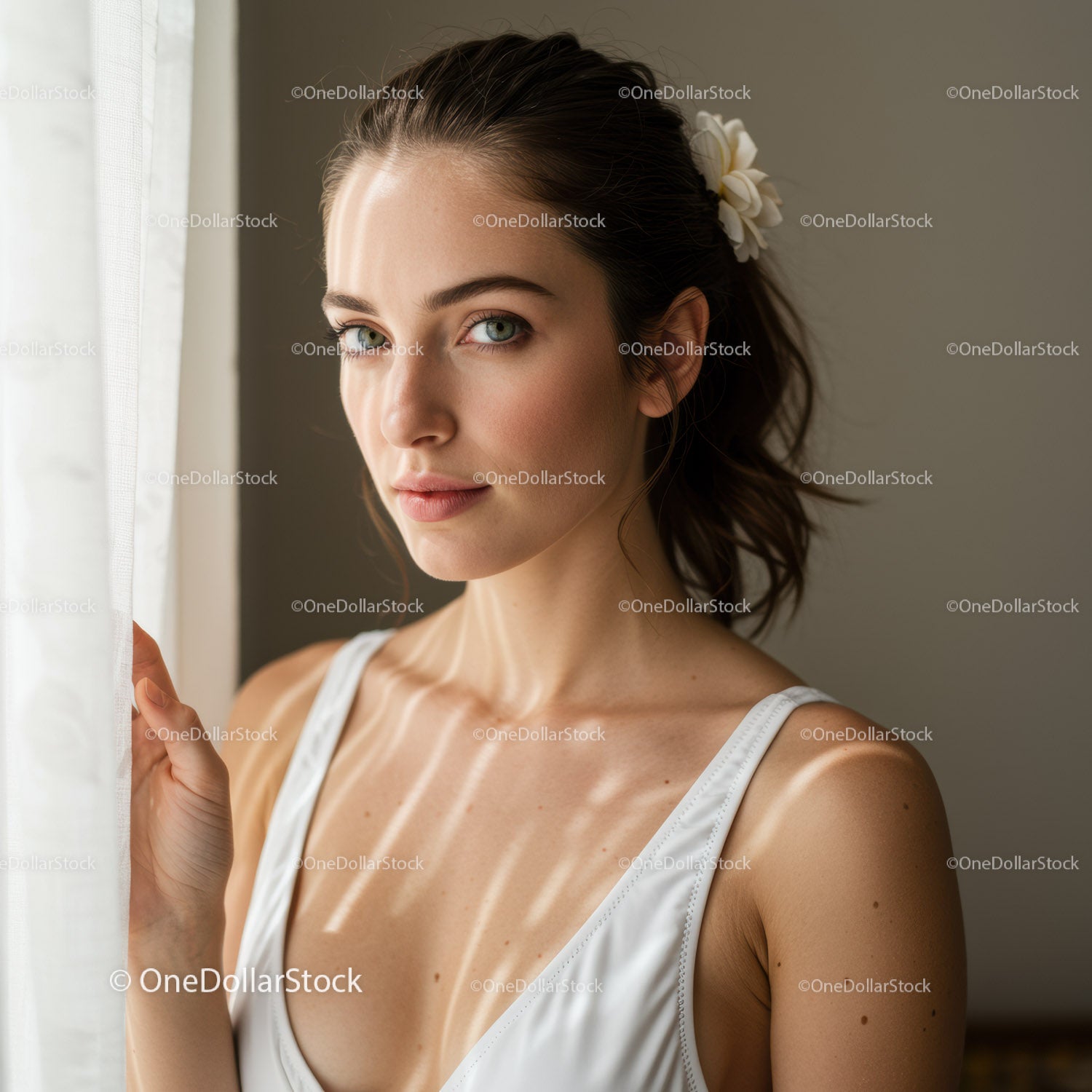 Elegant Portrait of a Woman with Blue Eyes and White Flower Accessory
