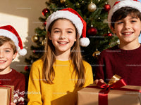 Smiling children in Santa hats holding Christmas gifts