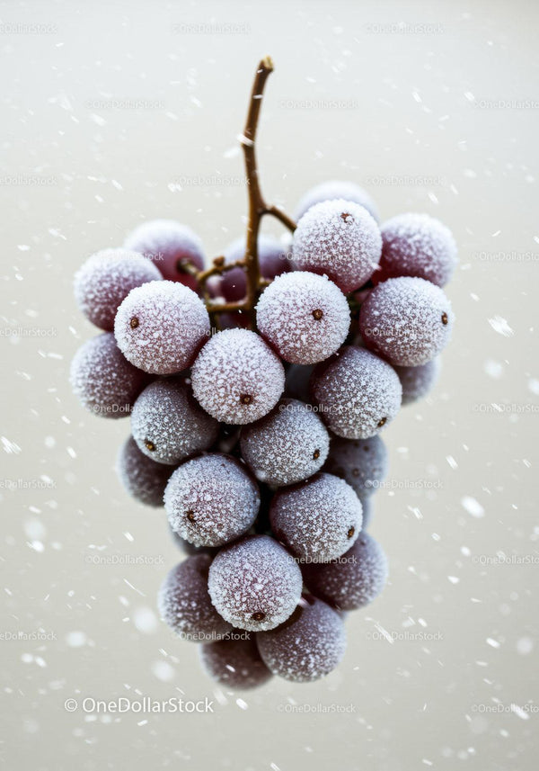 Frosted red grapes hanging amid gentle snowfall
