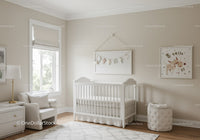 Bright Nursery with White Baby Crib and Playful Wall Art