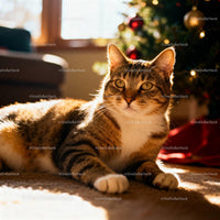 Tabby cat basking in warm sunlight by Christmas tree