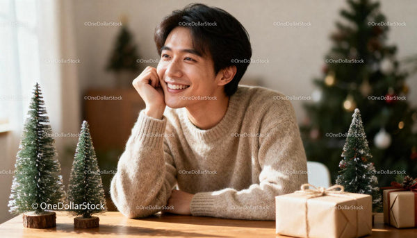 Young man enjoying cozy holiday moment at home