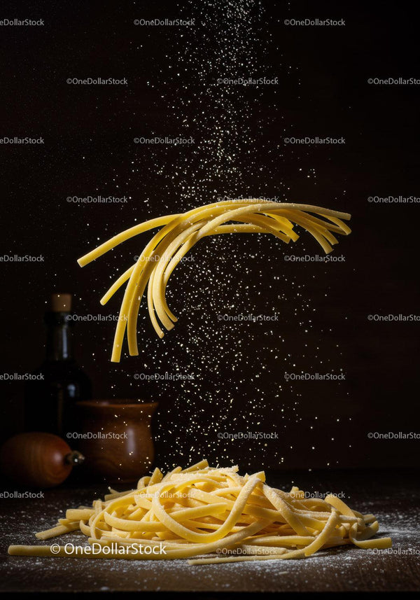 Uncooked pasta with falling flour over dark background