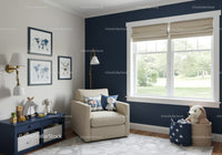 Kids Room with Beige Armchair and Toy Storage near Window