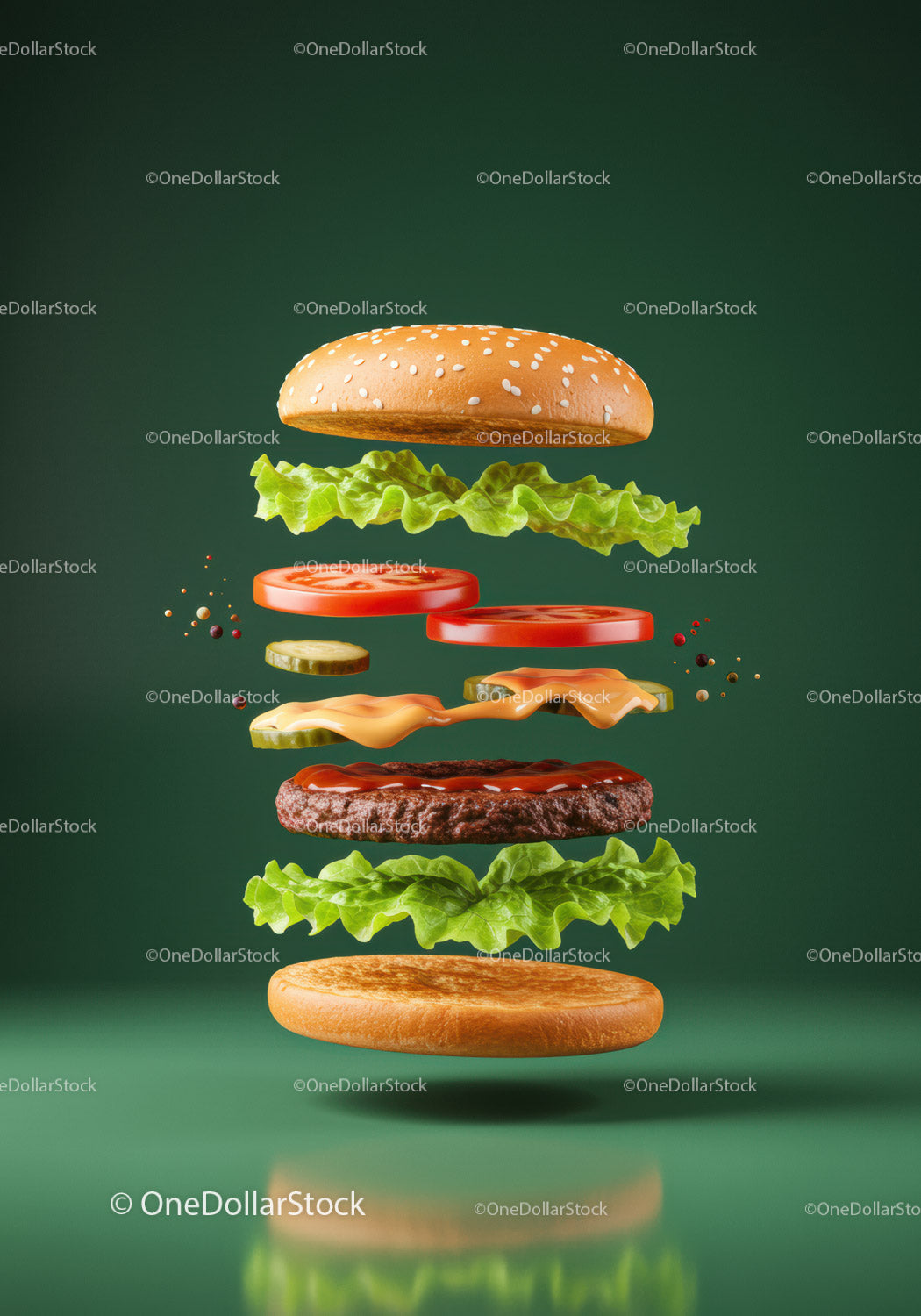Floating Cheeseburger Ingredients Suspended in Air