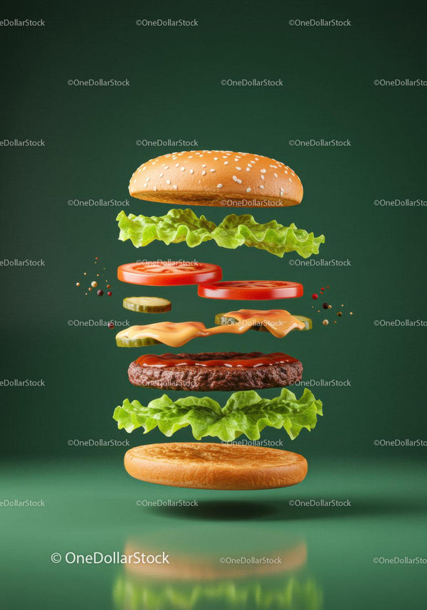 Floating Cheeseburger Ingredients Suspended in Air