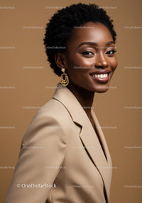 Elegant Black Woman with Natural Hair Wearing Beige Blazer