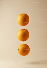 Three Fresh Oranges Floating on Light Beige Background