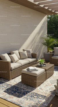 Modern Outdoor Patio with Wicker Sofa and Greenery in Sunlight