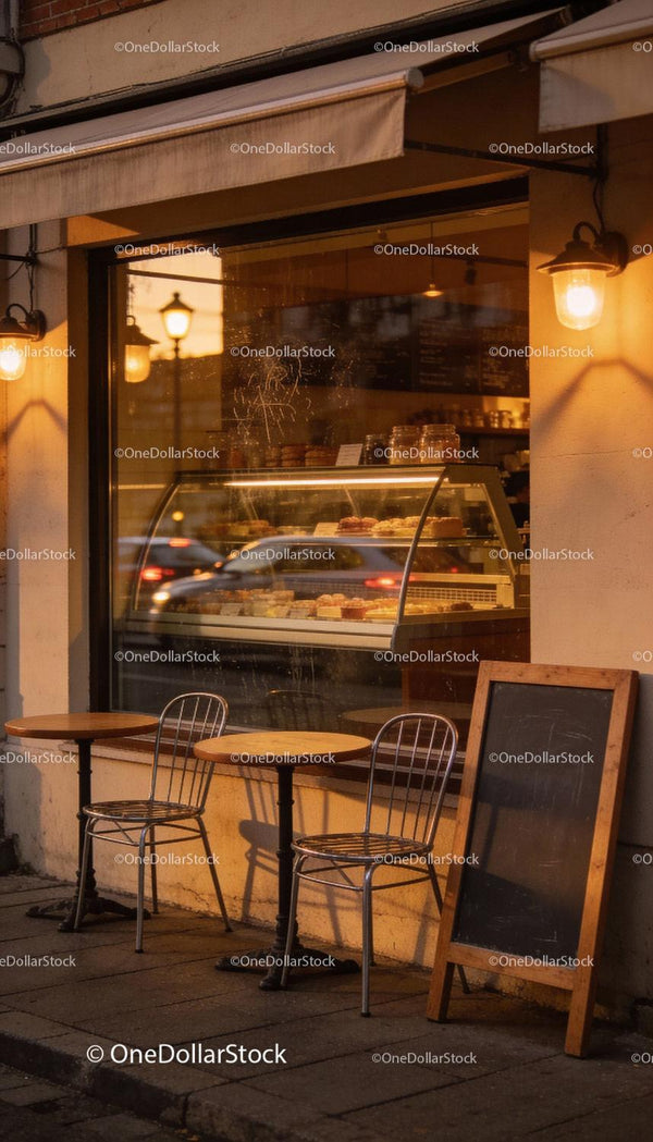 Cozy cafe terrace with empty tables at golden hour