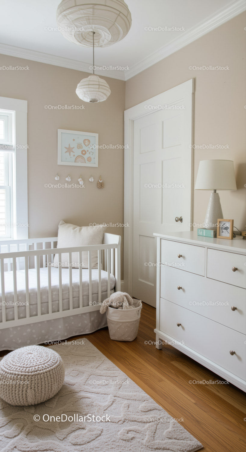 Bright and Cozy Nursery Room with White Baby Crib and Neutral Decor
