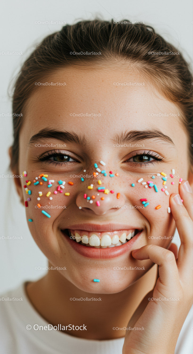 Smiling Young Woman with Colorful Sprinkles on Face and Cheerful Expression
