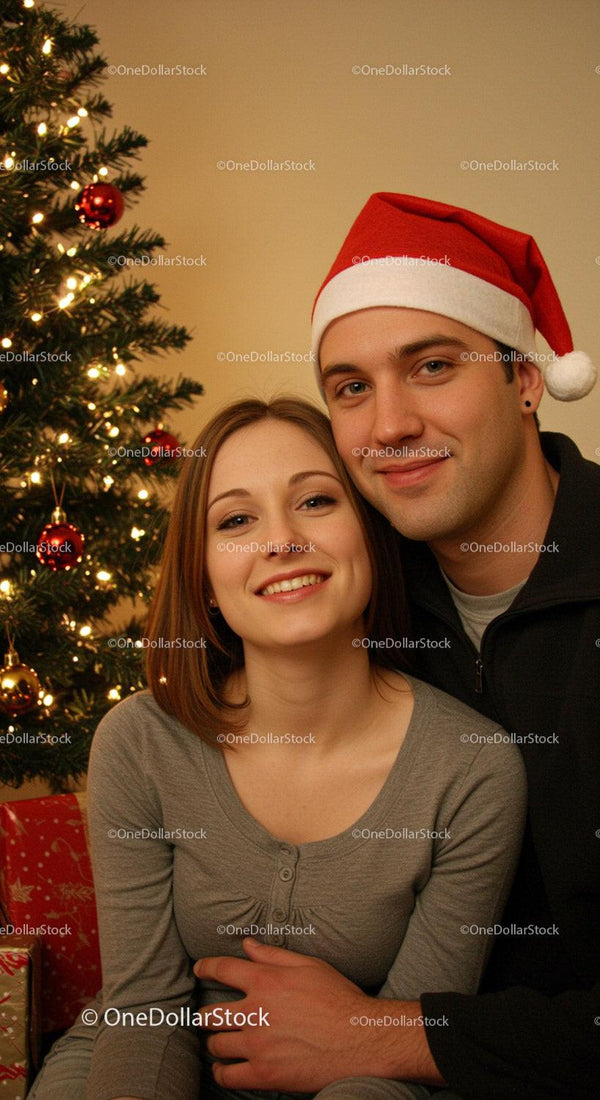 Couple enjoying Christmas moments by decorated tree