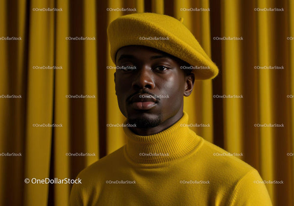 Man Wearing Stylish Yellow Beret and Turtleneck Sweater
