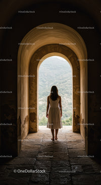 Woman in white dress standing in ancient stone archway
