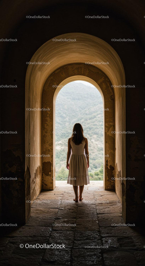 Woman in white dress standing in ancient stone archway