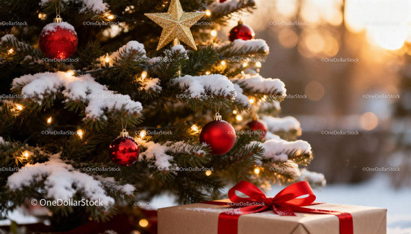 Snowy Christmas Tree with Red Ornaments and Gift