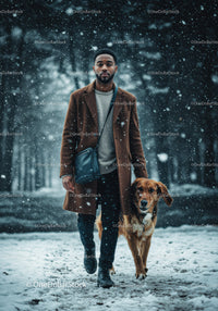 Man walking his dog on snowy forest path