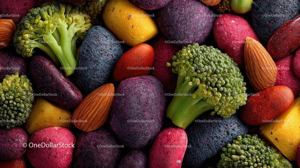 Kolorowy zestaw świeżych ziemniaków, brokułów i migdałów do zdrowego gotowania