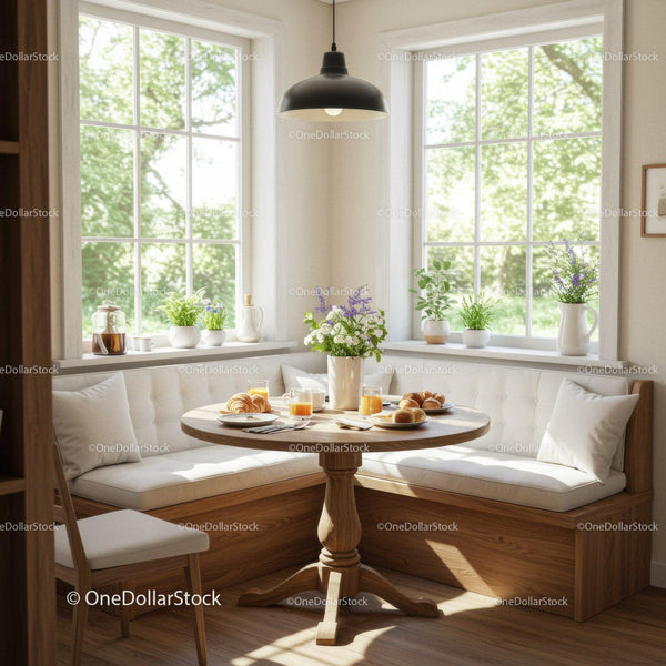 Cozy breakfast nook with natural light and fresh flowers