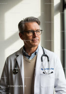 Senior Male Doctor in White Coat with Stethoscope at Hospital