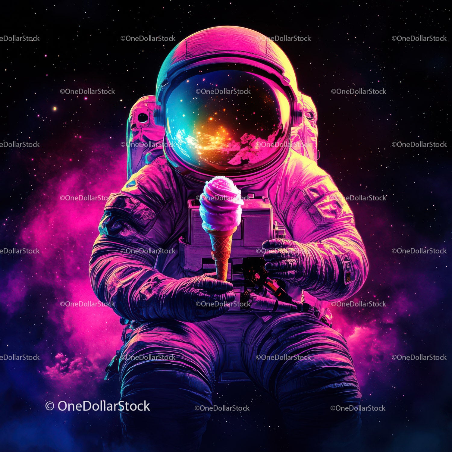 Colorful Astronaut Holding Ice Cream in Space with Galaxy Reflection