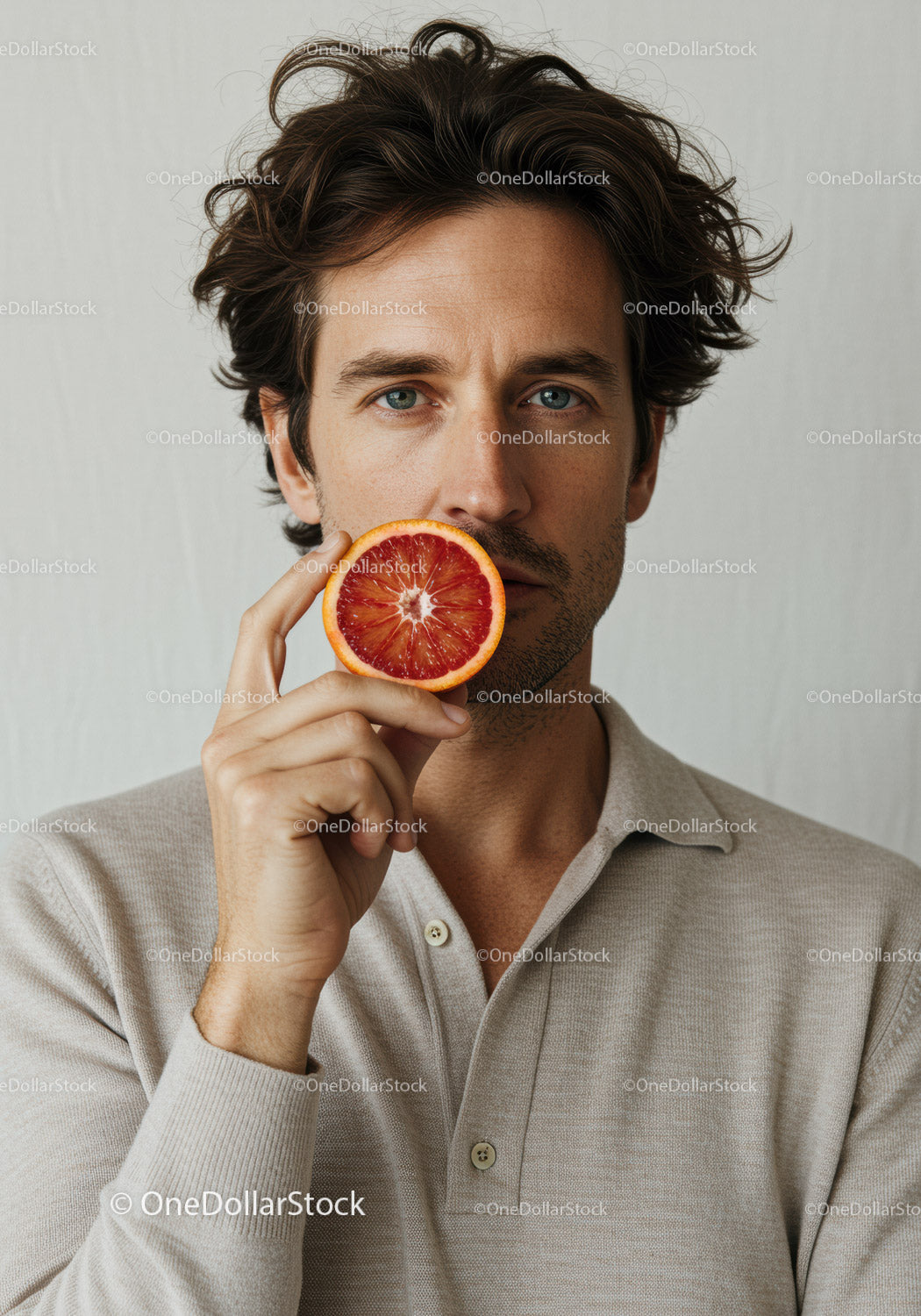 Male Model Holding Blood Orange in Indoor Portrait for Lifestyle