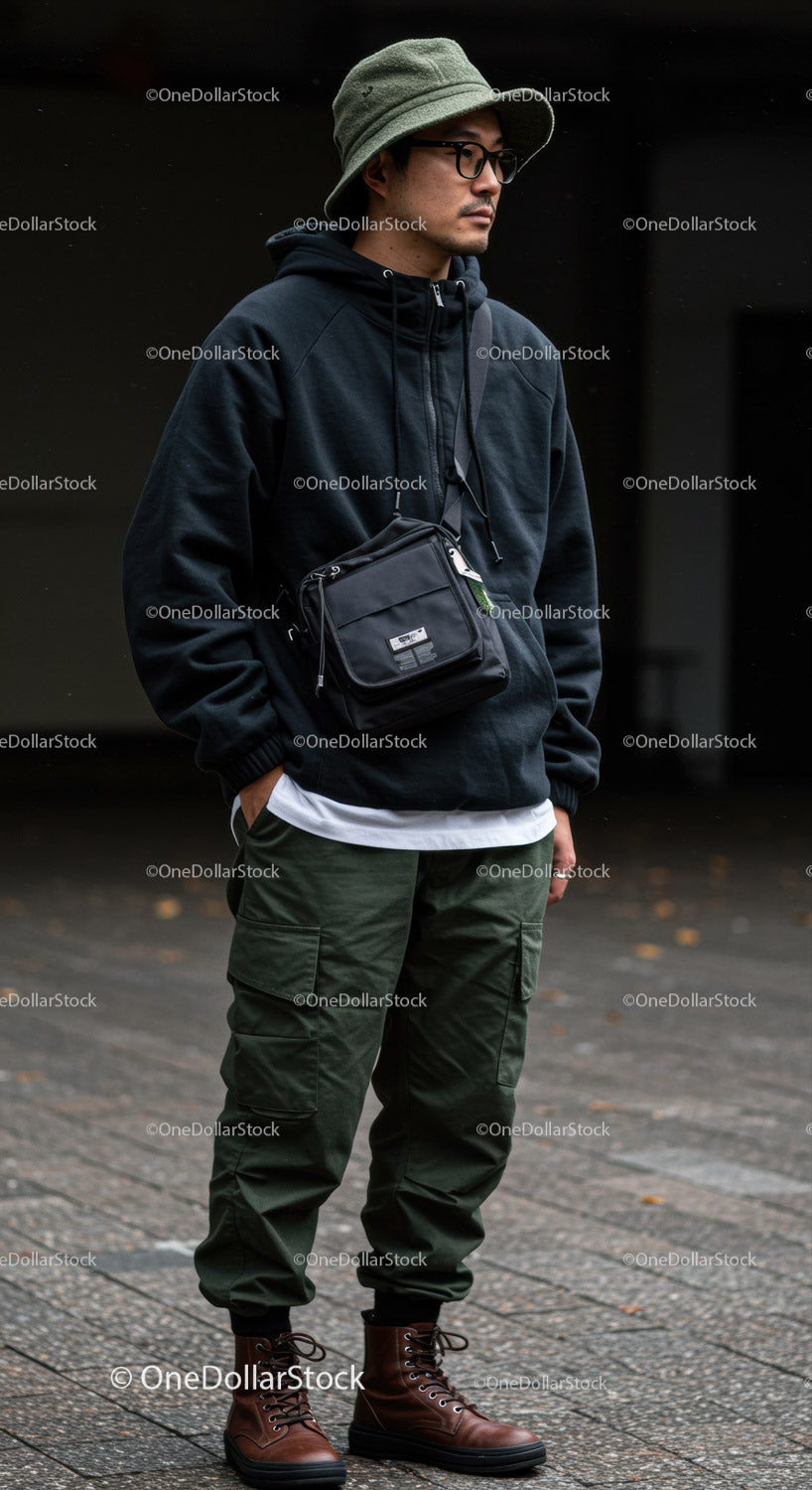 Casual Young Man in Hoodie Cargo Pants Leather Boots Outdoor